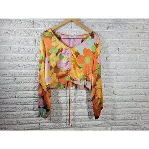 Forever 21 Women Top 1X Plus Crop Boho Festival Orange Floral Tie Front FLO58E